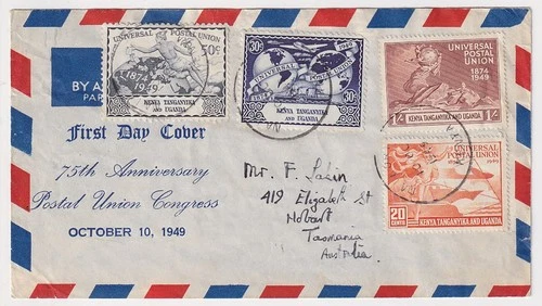 K.U.T.   1949: souvenir FDC for UPU 75th Anniversary issue mailed to AUSTRALIA