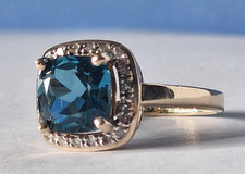 9ct Gold Blue Topaz Diamond Halo Ring Size O Hallmarked Free Resize Service