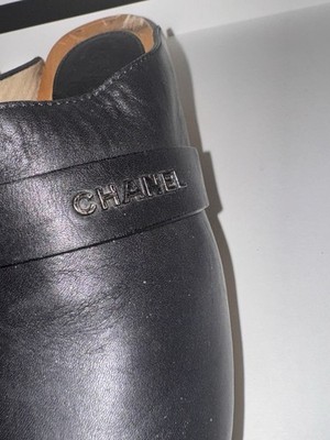 CHANEL Black Leather Clogs Women's Logo Accent Block Heel Size 37.5