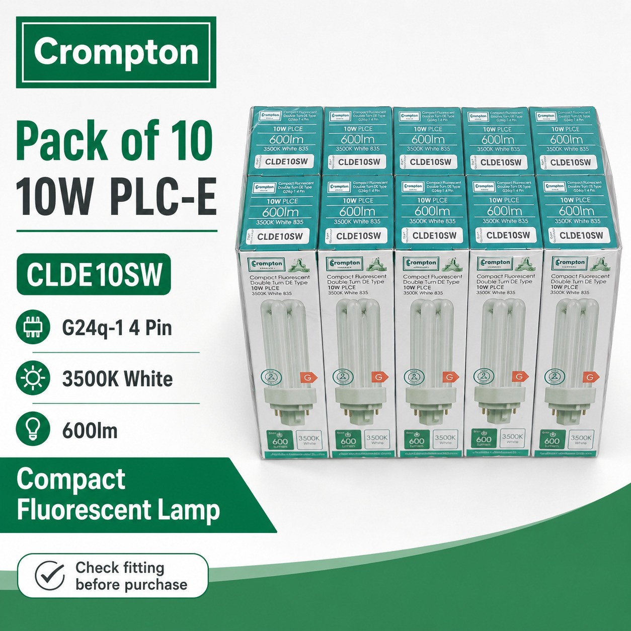 10 x Crompton CLDE10SW 10W CFL G24q-1 4 Pin 3500K Compact Fluorescent Bulbs 835