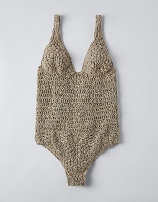 BRUNELLO CUCINELLI WOMEN'S BEIGE LINEN SILK CROCHET BODYSUIT MSRP $3955