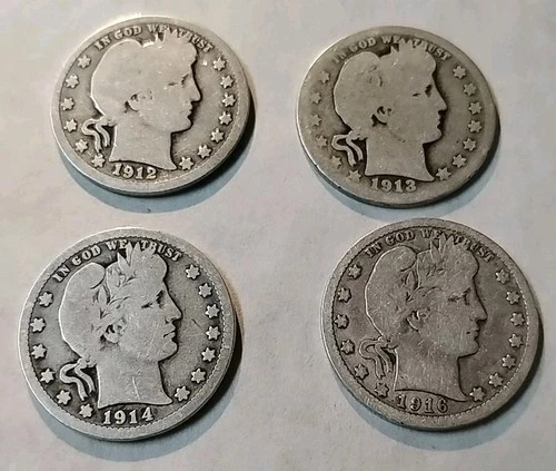 Lot of 4 Barber Quarters w/Dates 1912 P, 1914 P  1913 D, 1916-D 90% Silver BQ#1