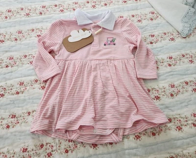 NWT ANGEL DEAR 0/3 MONTH PINK POLO BODYSUIT DRESS WITH GOLF CART EMBROIDERY - Image 1 of 4