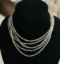 Cut Glass Faceted Crystal Multi 5 Layered Smokey Gray Grey Silver Necklace NEW