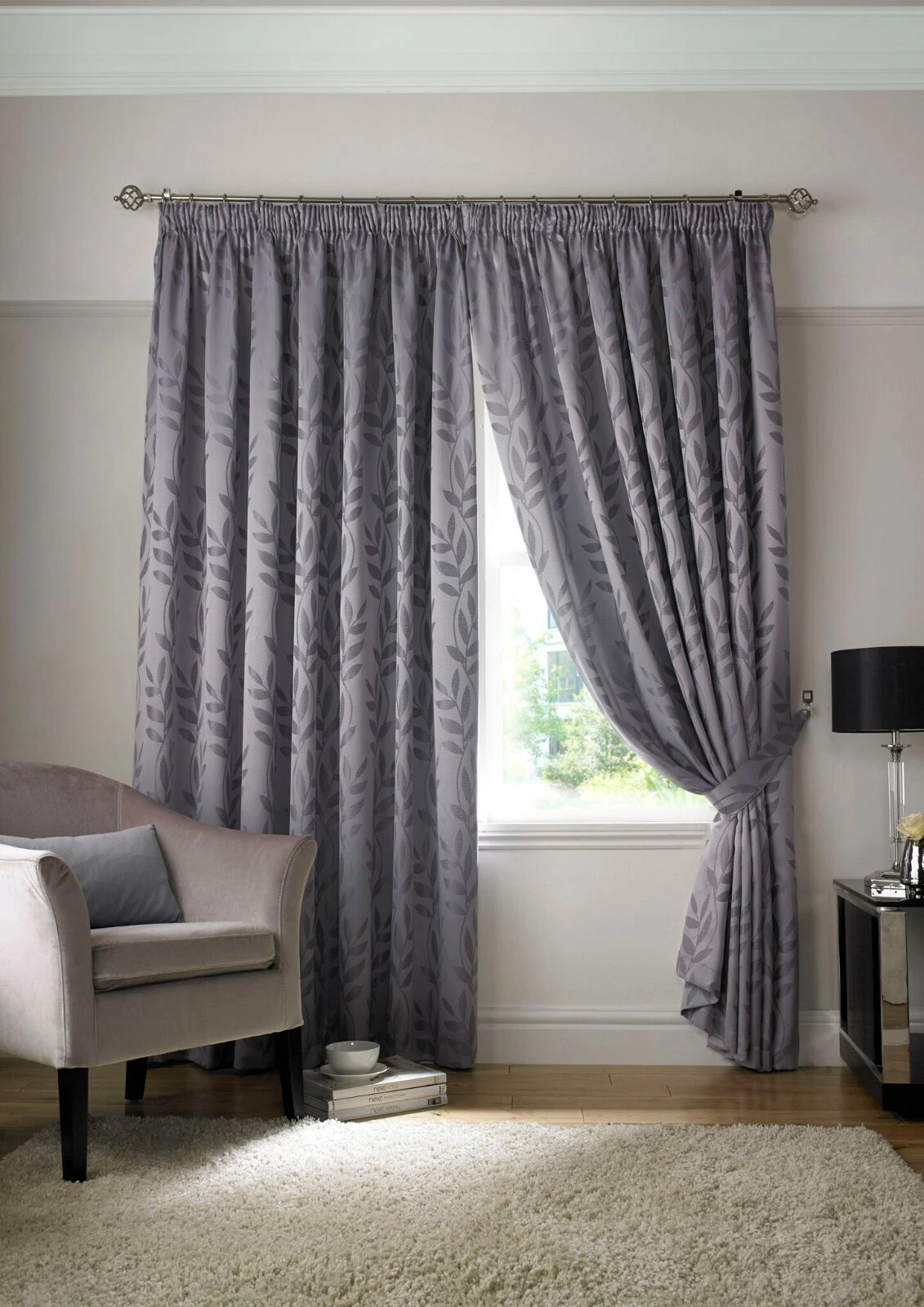 Grey Leaf Design Jacquard Pair Taped Curtains Design All Sizes Fully Lined