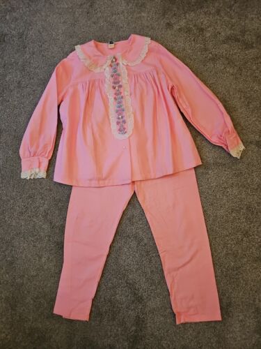 Vintage Damen Retro 60er 70er 2 tlg Flanell Pyjama Set Rosa Gingham Baumwolle Neu aus altem Lagerbestand