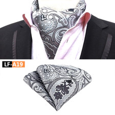 Classic Men's Ascot Cravat Tie Silk Paisley Black White Scarf Cravat Hanky Set