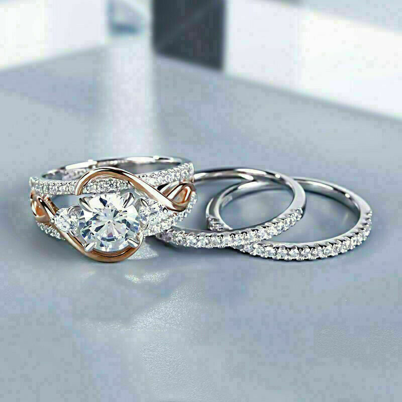 3 Ct Round Cut Simulated Diamond Wedding Bridal Ring Set 14K White Gold ...