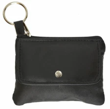 Black Genuine Leather Zip Coin Change Holder Flap Snap Purse Key Ring U.S Seller