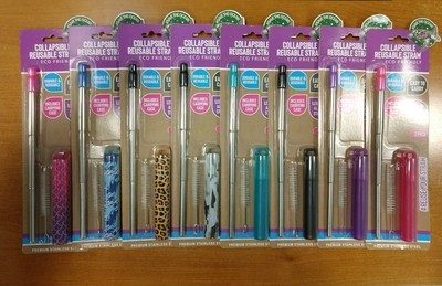 2 Pk: Collapsible Reusable Straw w Tip/Case/Cleaning Brush *CHOOSE COLOR* W2C