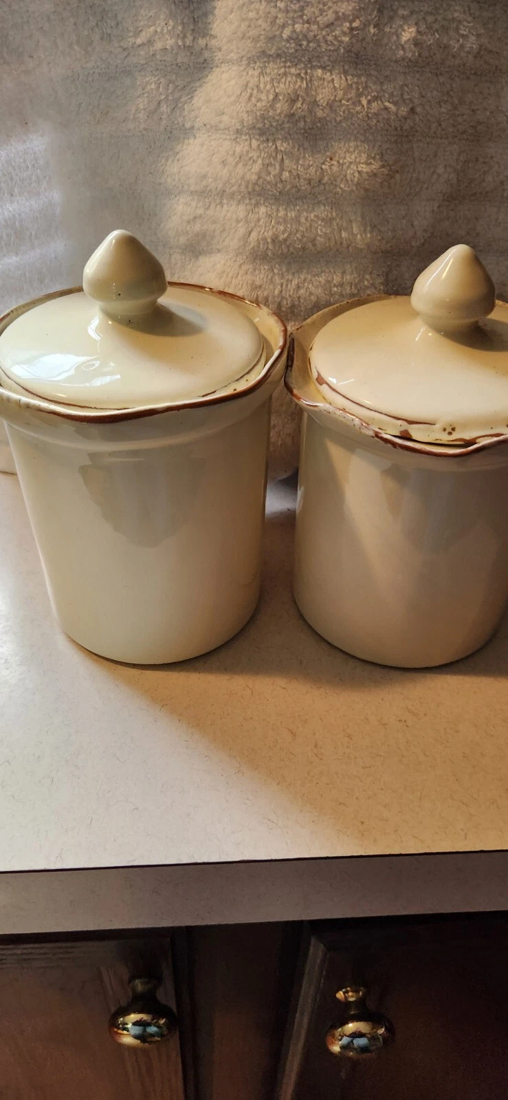 Pier 1 Distressed Farmhouse Cream Stoneware Lidded Canister Storage Set Of 2