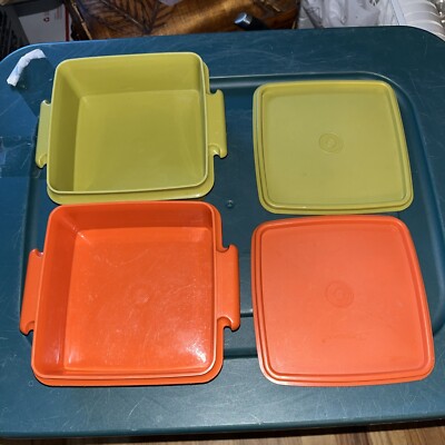 Vintage Tupperware Sandwich Keepers Orange & Green set lunch container USA made