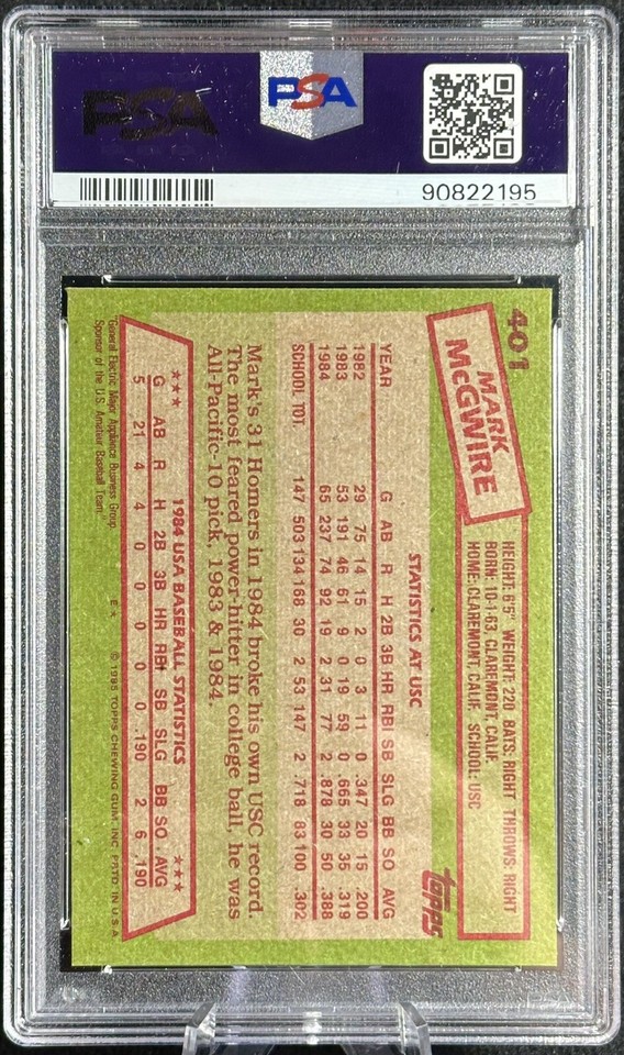 1985 Topps Baseball Card Mark McGwire 84’ USA Baseball Team Rc 401 PSA