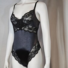 Victoria's Secret Second Skin Satin Bodysuit Teddy Medium Black Lace Trim