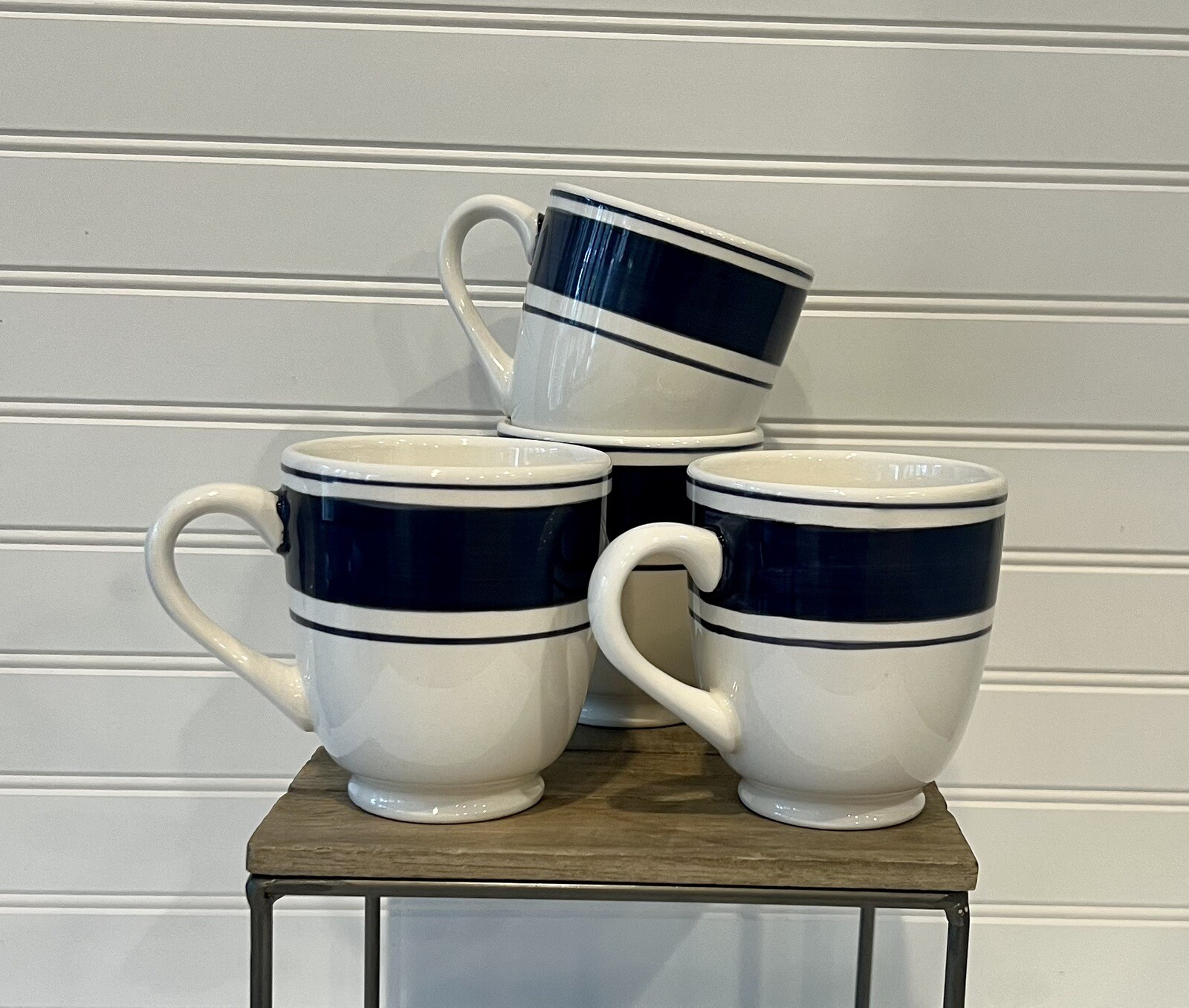 4 WORLD MARKET Coffee Mugs Tea Cups White & Blue Stripe Banding Set of
