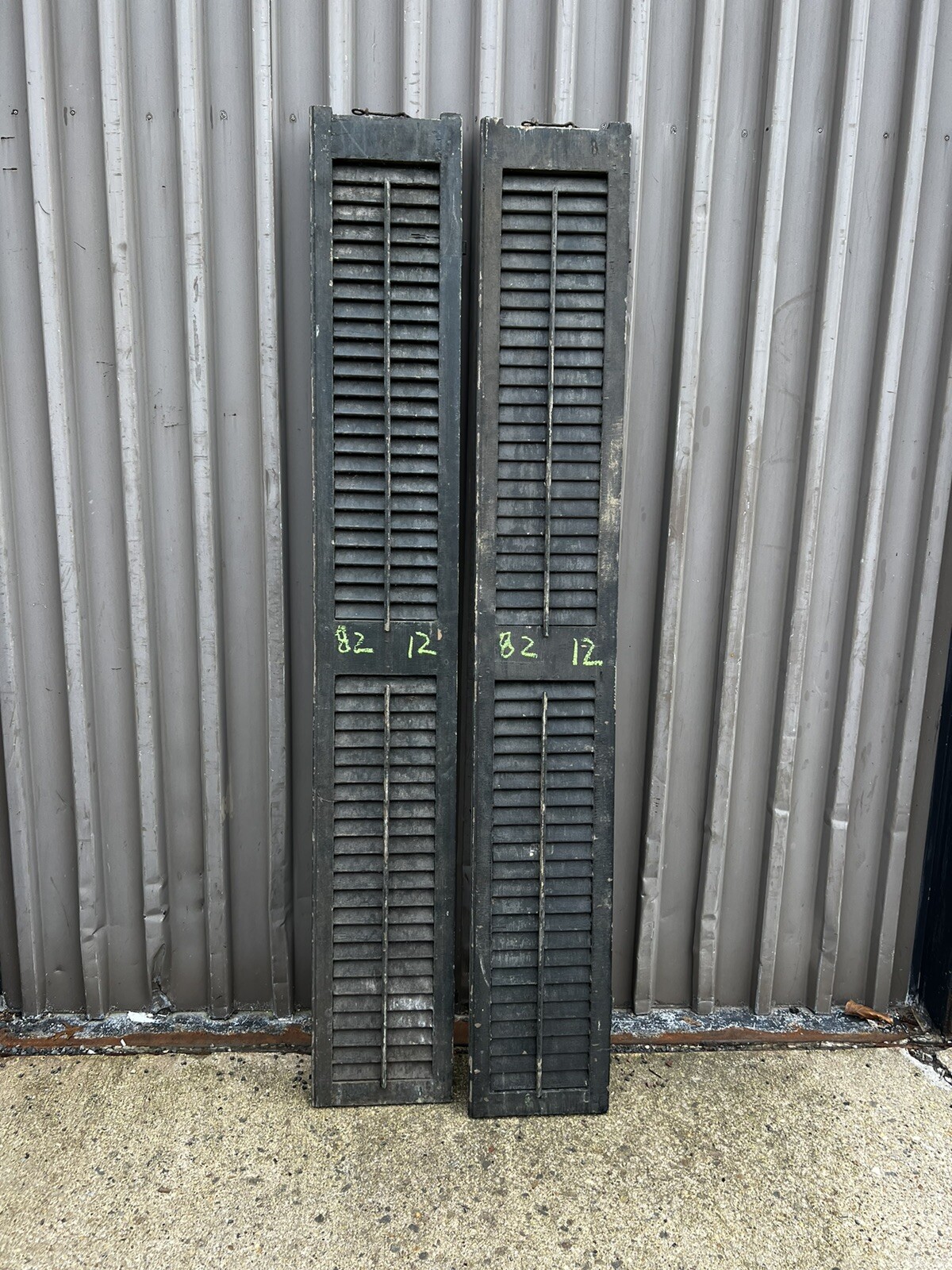 PAIR vintage LATE VICTORIAN louvered house window shutters 82” x 12” wide