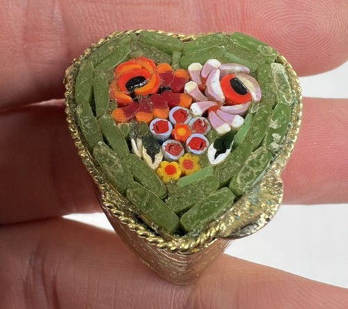 Vintage Italian Heart Micro Mosaic Mini Hinged Pill Trinket Box Floral Design