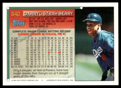 1994 Topps Gold Baseball Card Darryl Strawberry Los Angeles