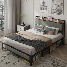Full Size Bed Frame with Upholstered Headboard Metal Platform Bed with Outlets