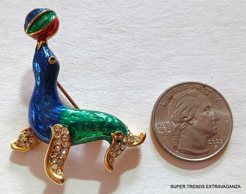 Swarovski Crystal Gold Tone Enameled Jeweled Seal With Ball Brooch Pin - Picture 7 of 7
