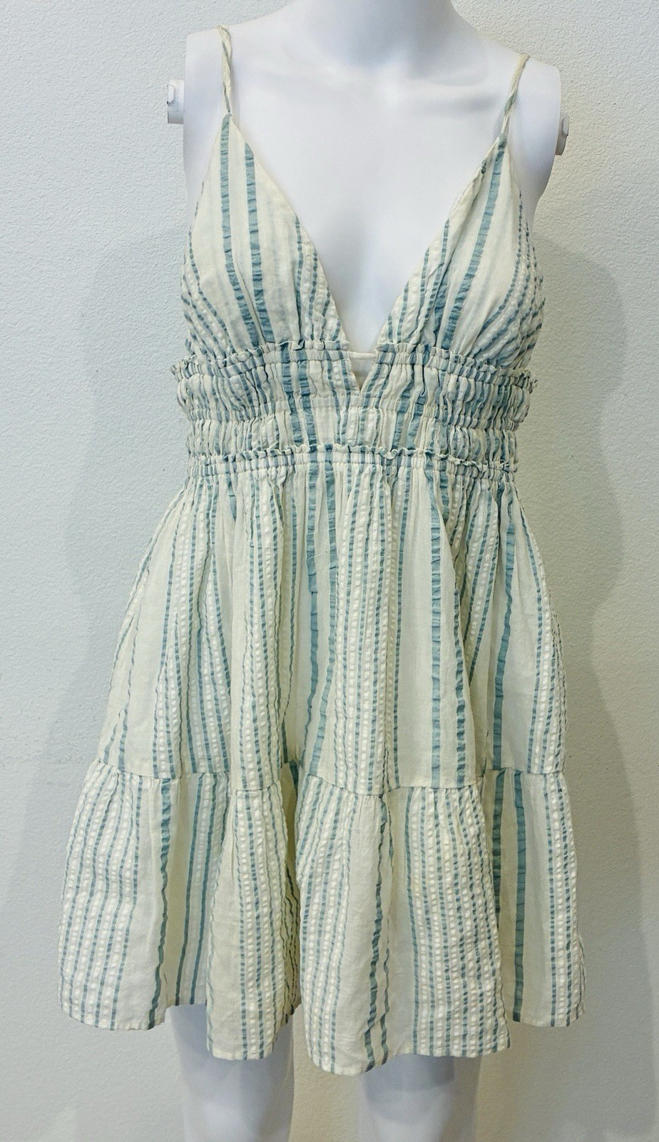 Urban Outfitters Mini Babydoll Dress Size M White Blue Stripe Beach Coastal Chic