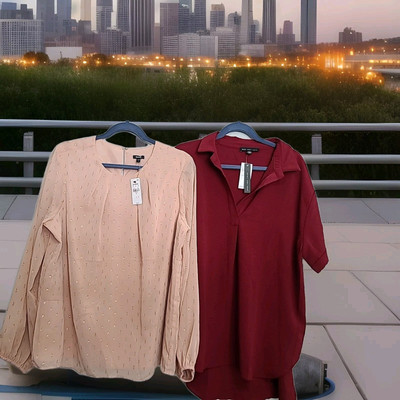 #ad Express amp; Joan Vass XL Peach Marroon Top Blouse Womens Lot 2 Tags Bust 24quot; $55.99