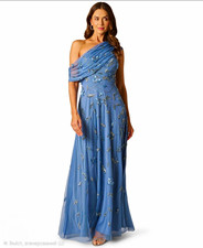 369 Adrianna Papell Blue Beaded One Shoulder Asymmetric Mesh Dress Size 14