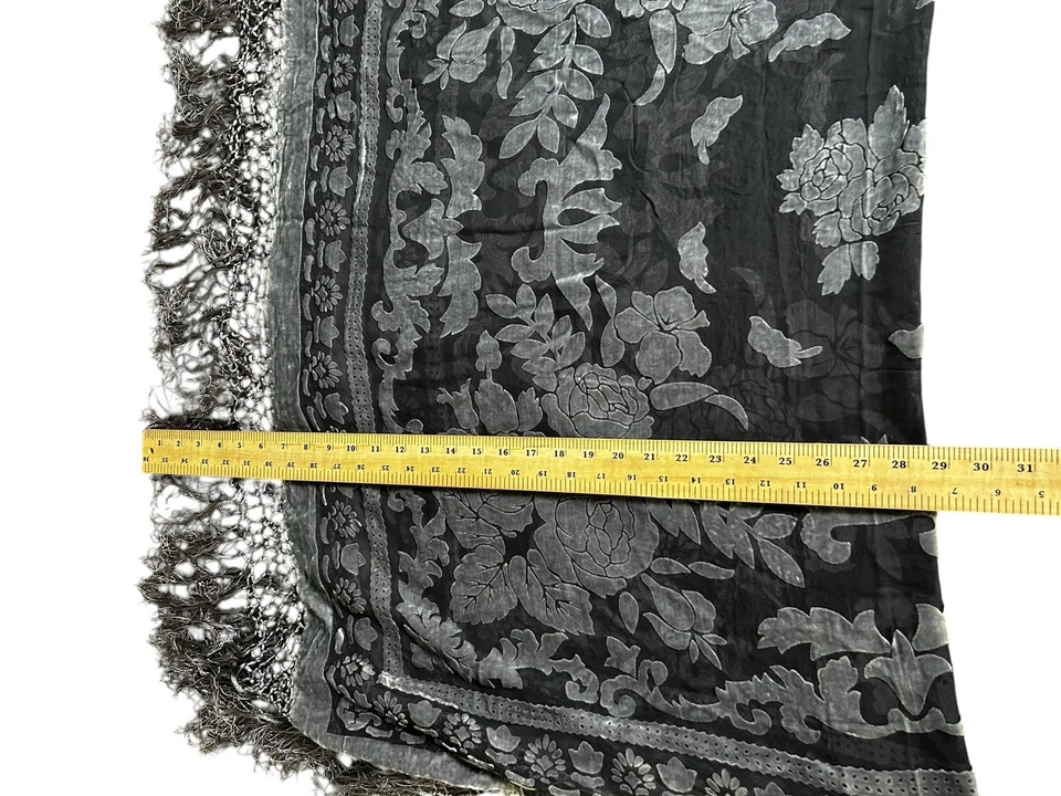 Mantón floral de terciopelo semi transparente Burnout gris bufanda con flecos 57x49 vacaciones Foto 4 de 4