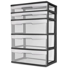 Sterilite 5 Drawer Wide Tower, with both Shallow and Deep Clear, Black