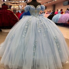 Blue Quinceanera Dresses Applique Lace Beads Crystal Bow Tull Sweet 16 Ball Gown