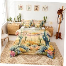 Watercolor Desert Size Bed Sets 7 Pieces Green Cactus Plant Full Orange Green