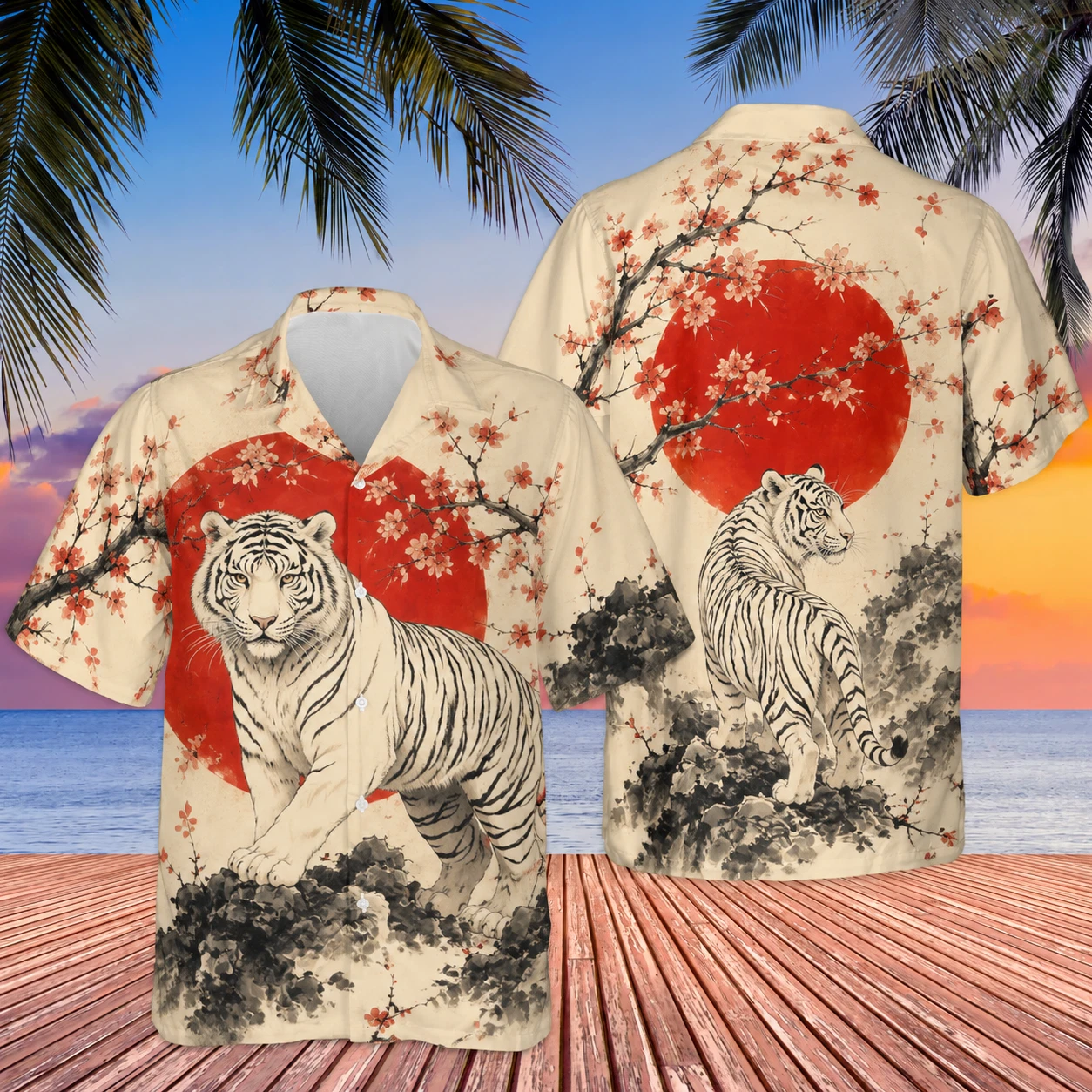 Japanese White Tiger Hawaiian Shirt Cherry Blossom Red Sun Beach Button Down