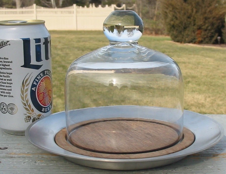 Vintage 3 Piece Towle Pewter Wood Glass Dome Butter Dish Serving Plate Set 7688