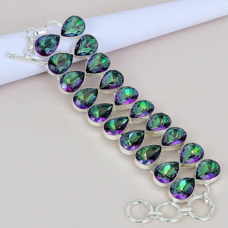 925 Sterling Silver Mystic Topaz Gemstone Handmade Jewelry Bracelet-8" - Image 3 of 4