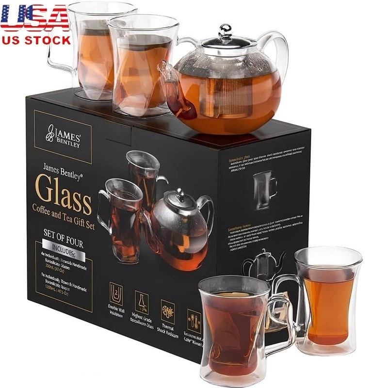 Glass Teapot Set for Adults with 40oz Teapot & 4 Insulated Glasses Microwave New