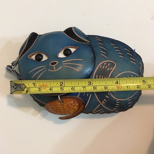 Genuine Leather Smiling Whimsical Cat Coin Purse Wristlet Teal Blue Florence - Picture 9 of 10