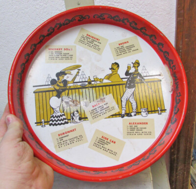 vintage Metal Beer Serving Tray, 7 drink recipes featured & old Bar cartoon art
