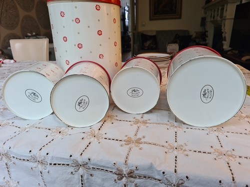 Set Retro Laura Ashley Biscuit Coffee Tea Sugar Bread Tin Canister Shabby Chic - Picture 10 of 14
