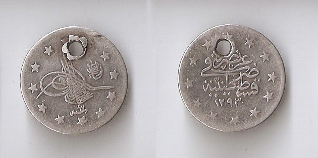 Turkey 2 kurush AH1293 17 (1891) SULTANATE Abdul Hamid II, holed