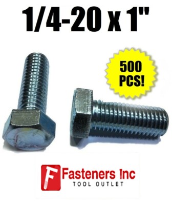 (Qty 500) 1/4-20 x 1'' Hex Bolt Zinc Plated Grade 5 Cap Screw Full Thread