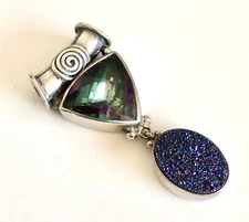 SAJEN Signed Sterling Silver Mystic Topaz & Purple Druzy Dangling Slide Pendant
