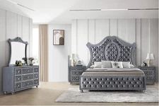 5pc Traditional Upholstered King Size Bed Set Arched Headboard Bedroom Furniture