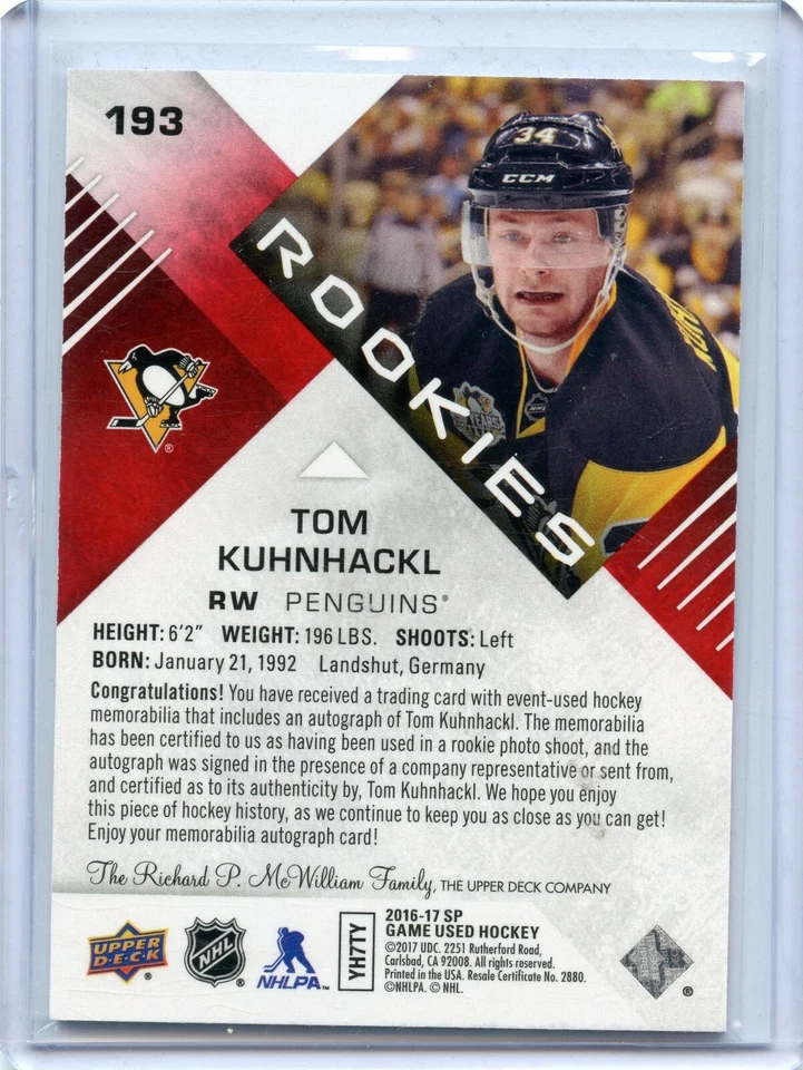  2016-17 SP Game Used Red #193 Tom Kuhnhackl JSY AU D - Image 2 of 2