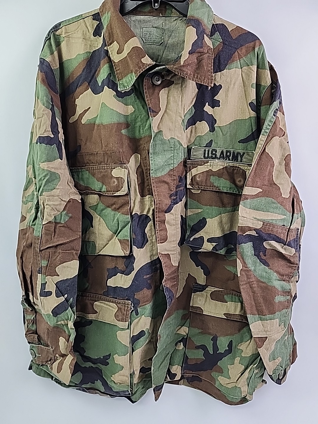 Vintage US Army Jacket Mens XL Long Woodland Camo BDU Field Military 90s