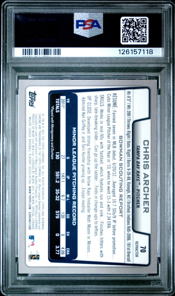 Bowman Chrome Chris Archer #70 2012 Tampa Bay Rays Xfractor novato RC PSA 9 Foto 3 de 3