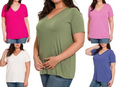 1X 2X 3X Women V-Neck T-Shirt Short Sleeve Soft Stretch Basic Tee Plus Size Top 