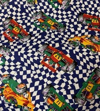 Rare Race Car Fabric By Fit To Print Royal White Checkered Background BTY