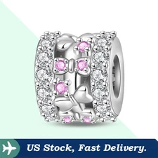 KUNSIR 925 Sterling Silver AAA CZ Pink Bow Charm For European Bracelet Bead DIY