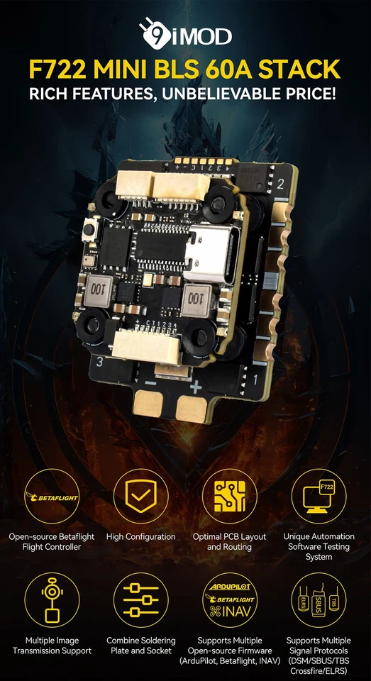9IMOD F722  Mini Flight Stack FC 60A ESC  Gyro  For 3-8S RC FPV Racing Drone - Image 2 of 4