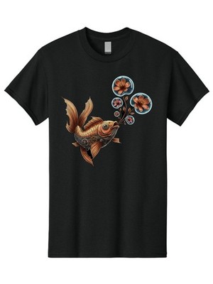 Goldfish-With-Flowers Mens Graphic Tee, 100% Cotton, Casual Summer Wear